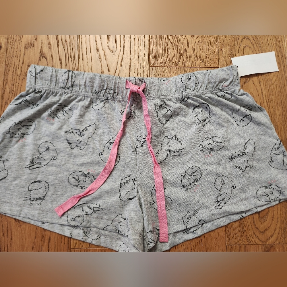 Gray Cat Print Pajama Shorts with Pink Drawstring